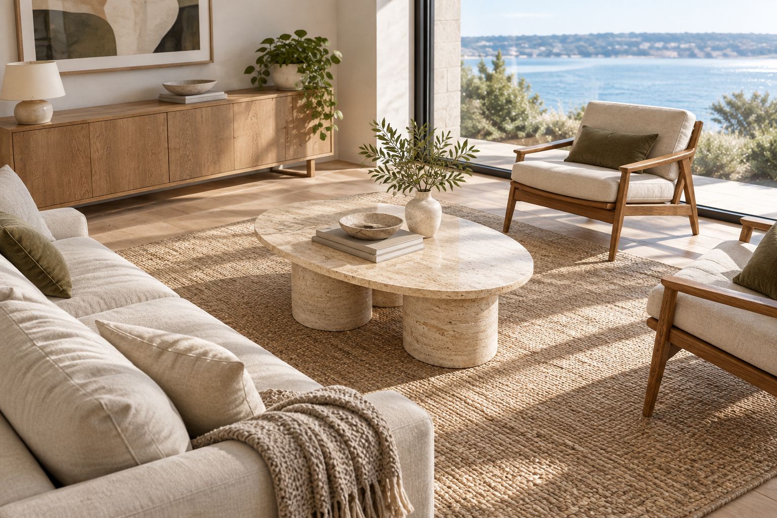 Oval travertine coffee table between a sofa and two chairs with clear walking routes