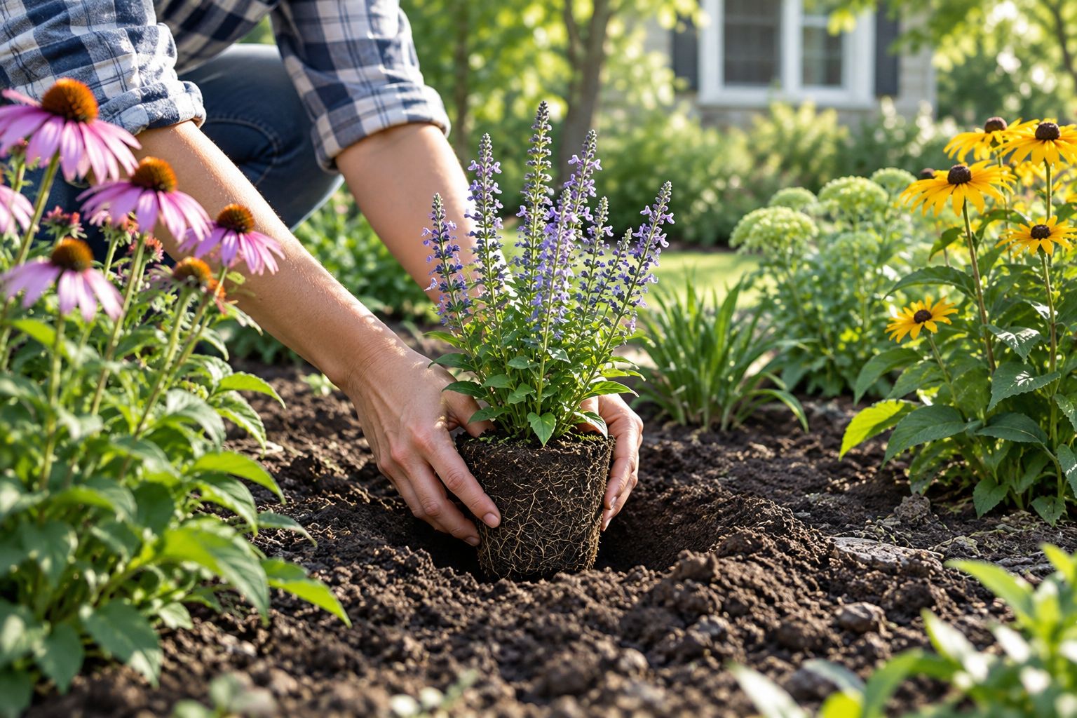 Gardener planting a small perennial plug in a prepared sunny bed