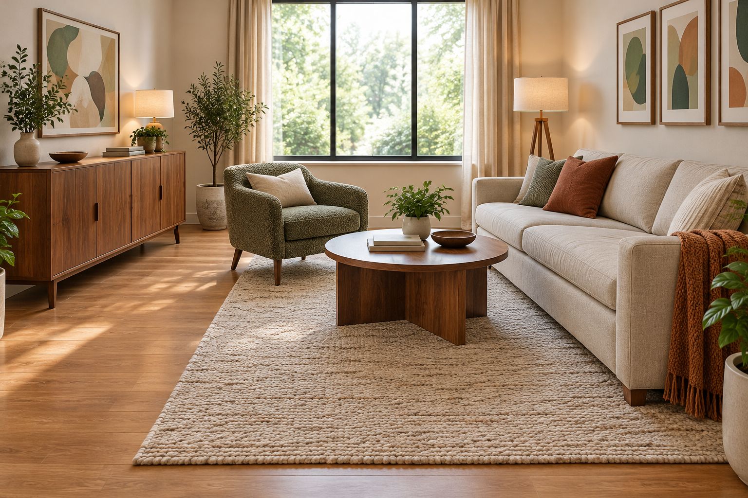 Living room with warm wood storage, textured seating, and coordinated but different furniture