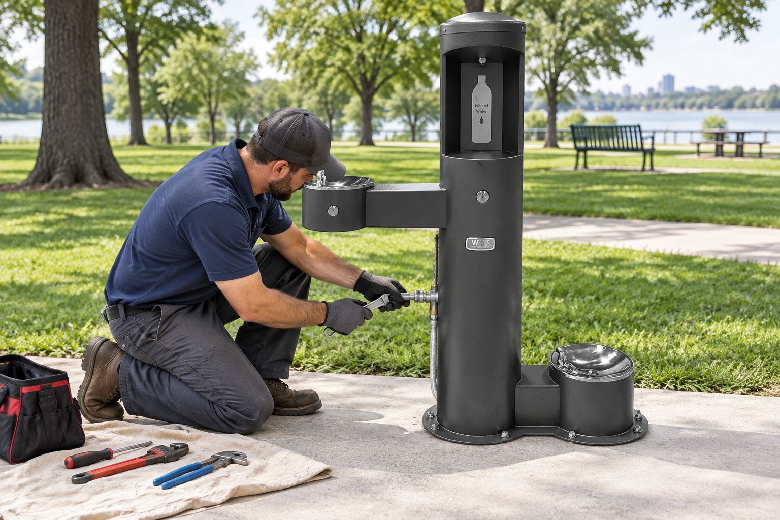 Plumbing contractor checking the supply line connection on a newly installed outdoor bottle filler