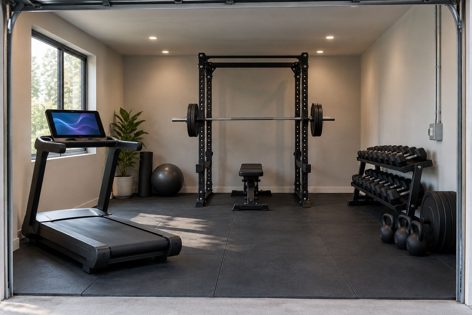 Converted garage home gym with wall outlet and conduit visible