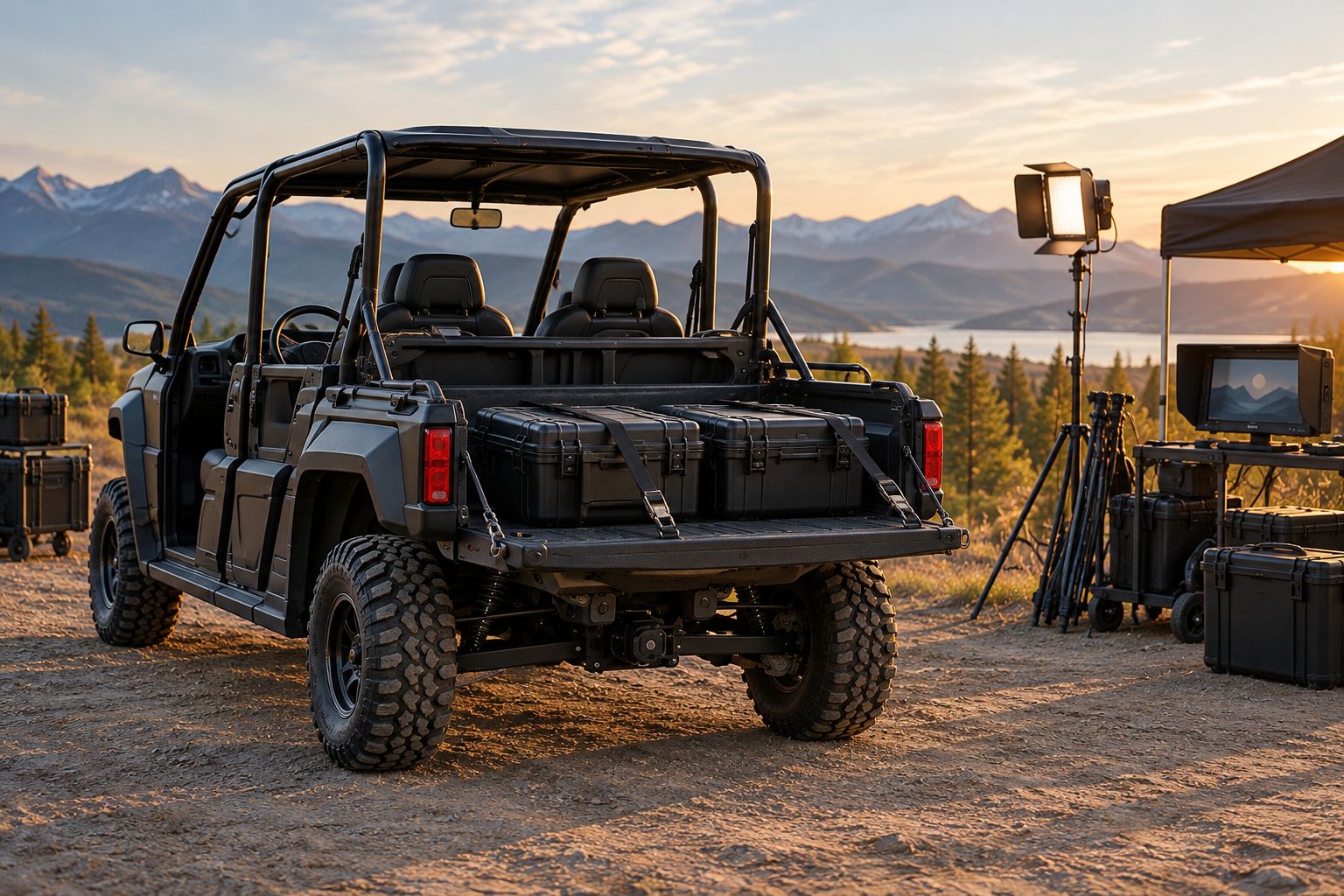 Equipment cases secured low in a UTV cargo bed with passenger seating kept clear