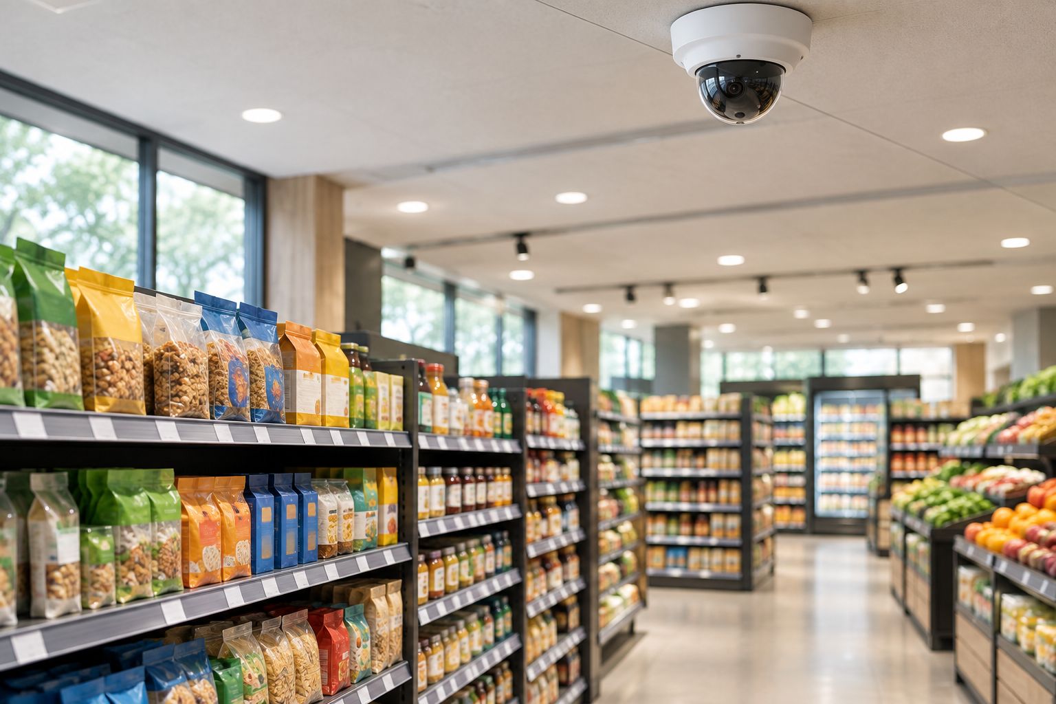 CCTV for Retail Shops: Best Setup for 2026 3 Dome CCTV camera mounted on a supermarket aisle ceiling