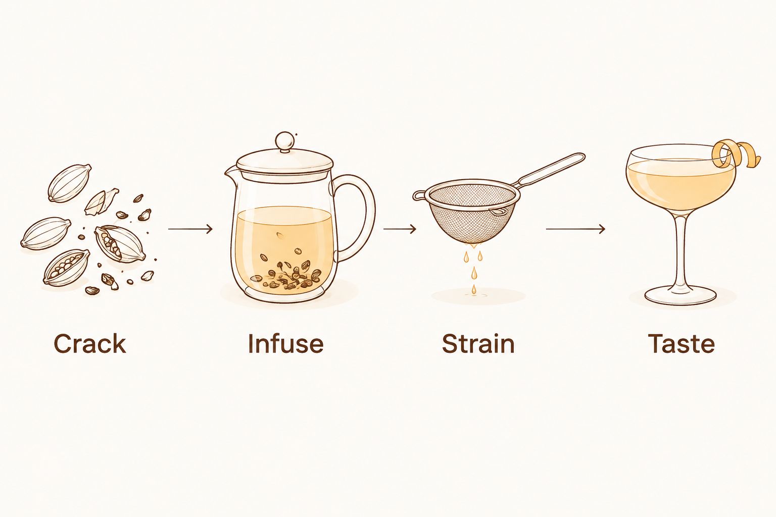 A four-stage spice preparation sequence: crack, infuse, strain, and taste.