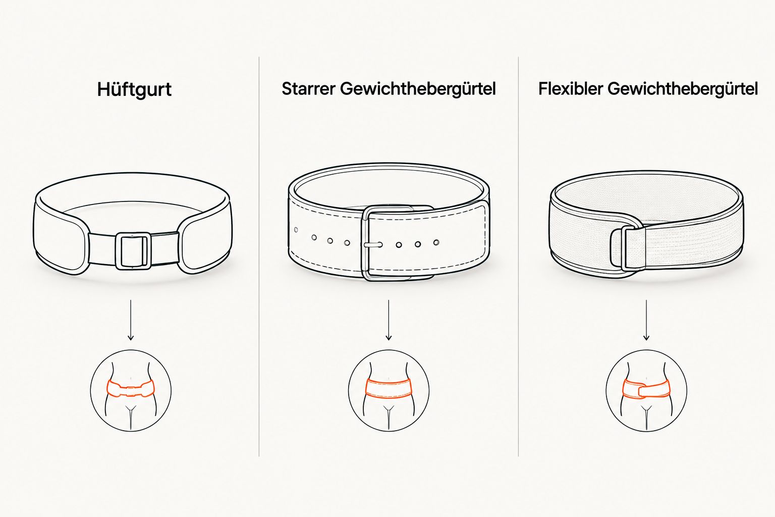 Three types of belts: hip belt, rigid weightlifting belt, and flexible weightlifting belt