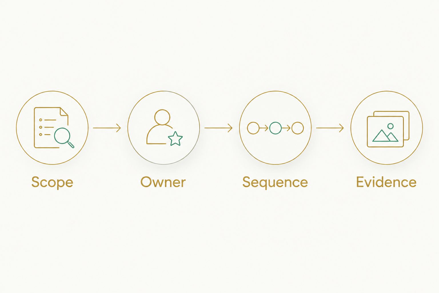Four-part punch-list handoff showing scope, owner, sequence, and evidence