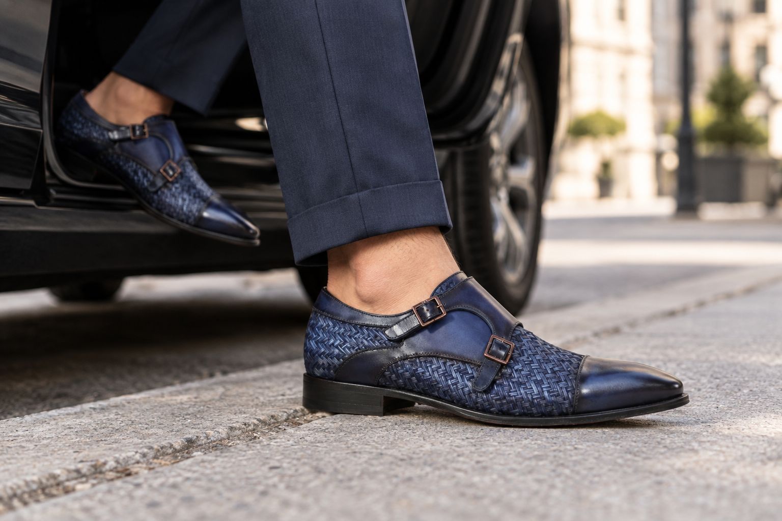 Man wearing a buckled monk strap loafer stepping onto a sidewalk