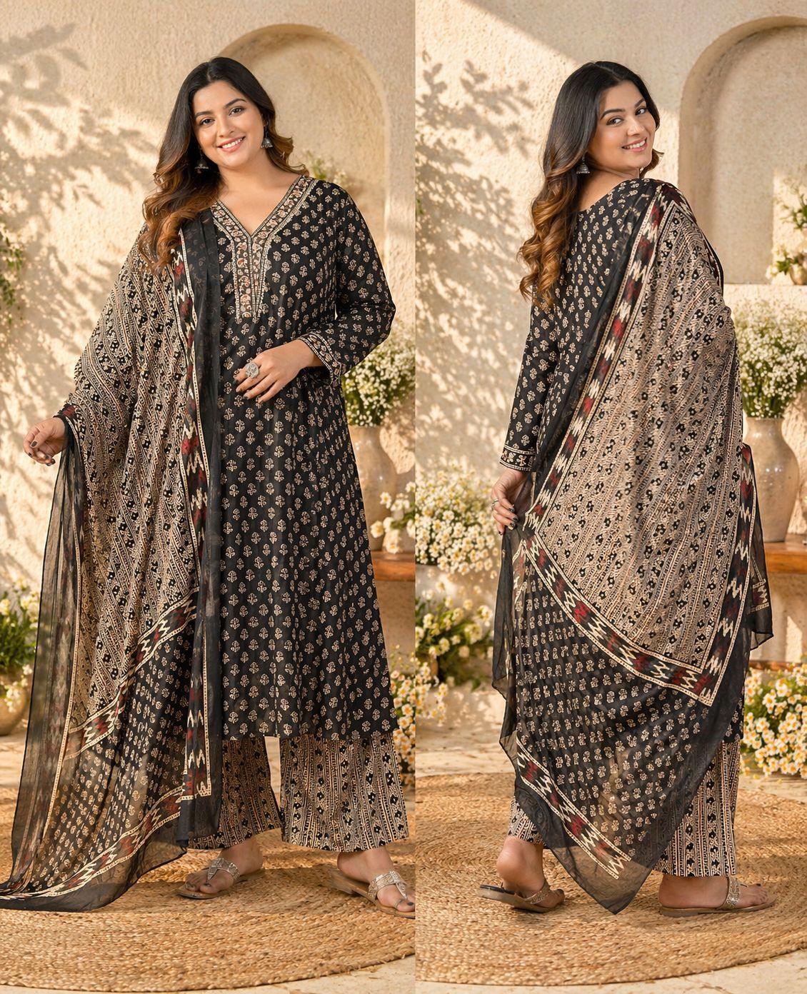 Front and back views of a black and beige printed ethnic suit with coordinating dupatta; product styling reference.
