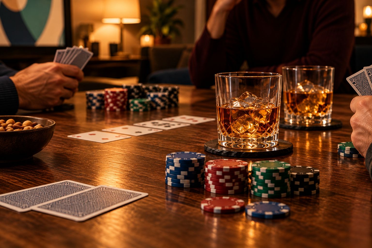 Poker table at night with two glasses of whiskey near the chip stacks