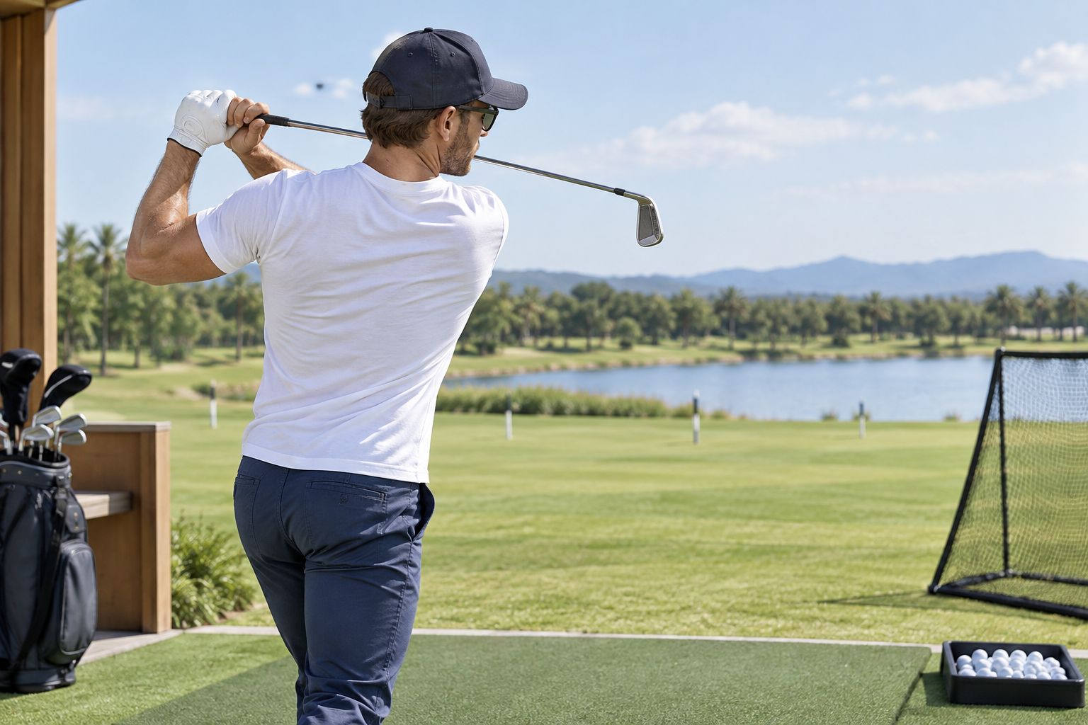 Golfer checking how a plain T-shirt moves through a backswing