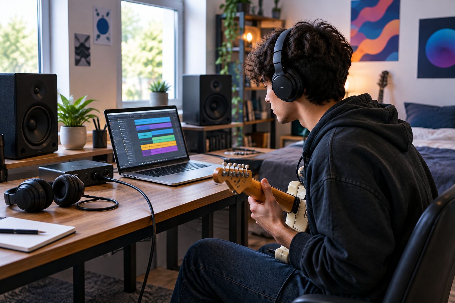 Bedroom studio setup with guitar, interface, and laptop for recording NAM profiles