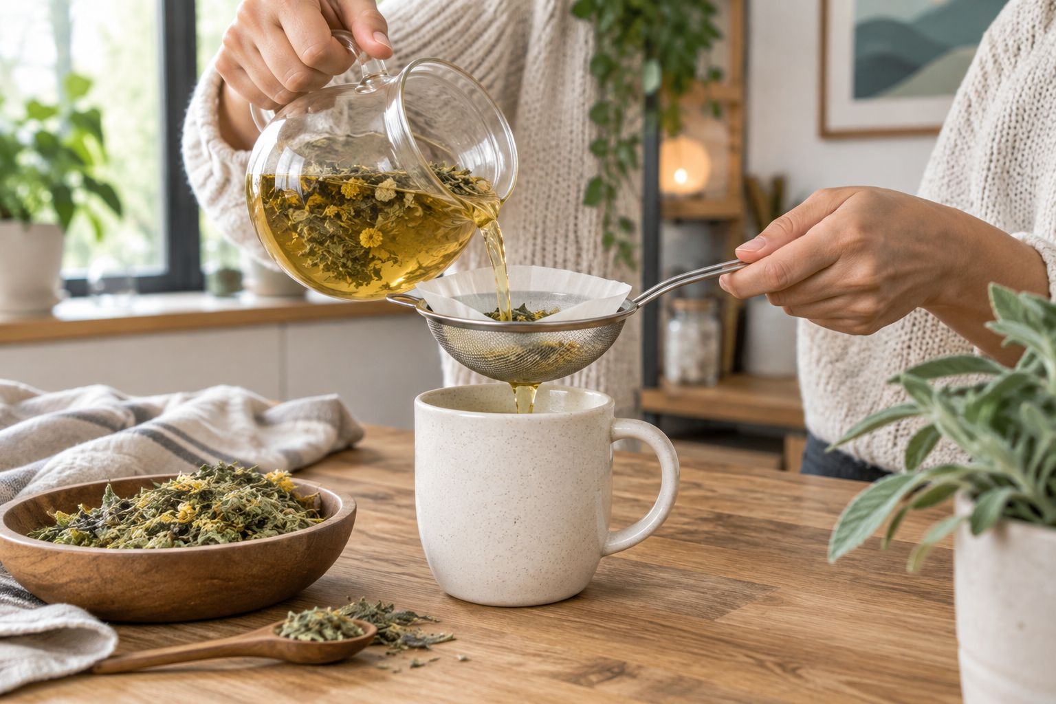 Loose herbal tea being poured through a paper-lined strainer into a mug