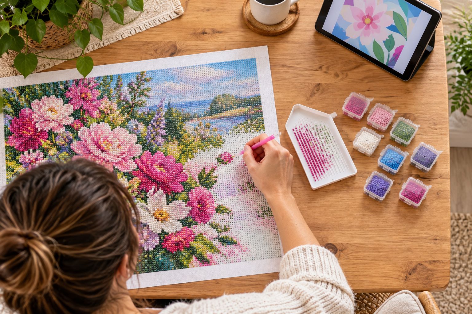 Diamond painting canvas with a grooved tray, stylus, closed containers, and room to rest a forearm