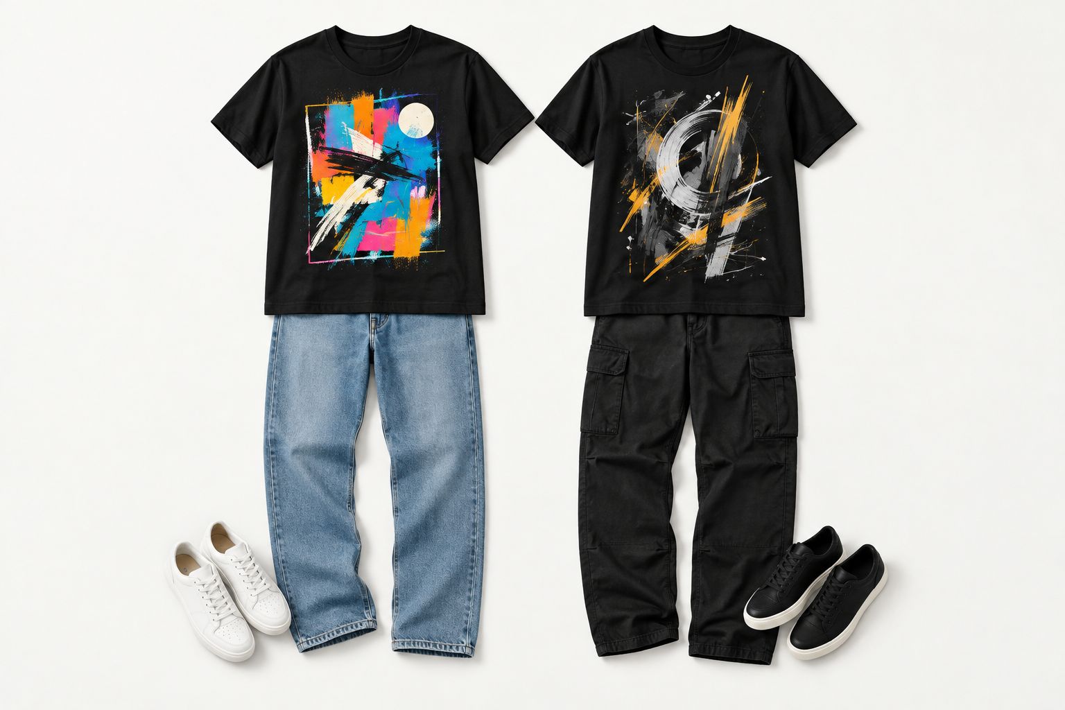Two graphic tee outfits paired with plain pants and simple shoes