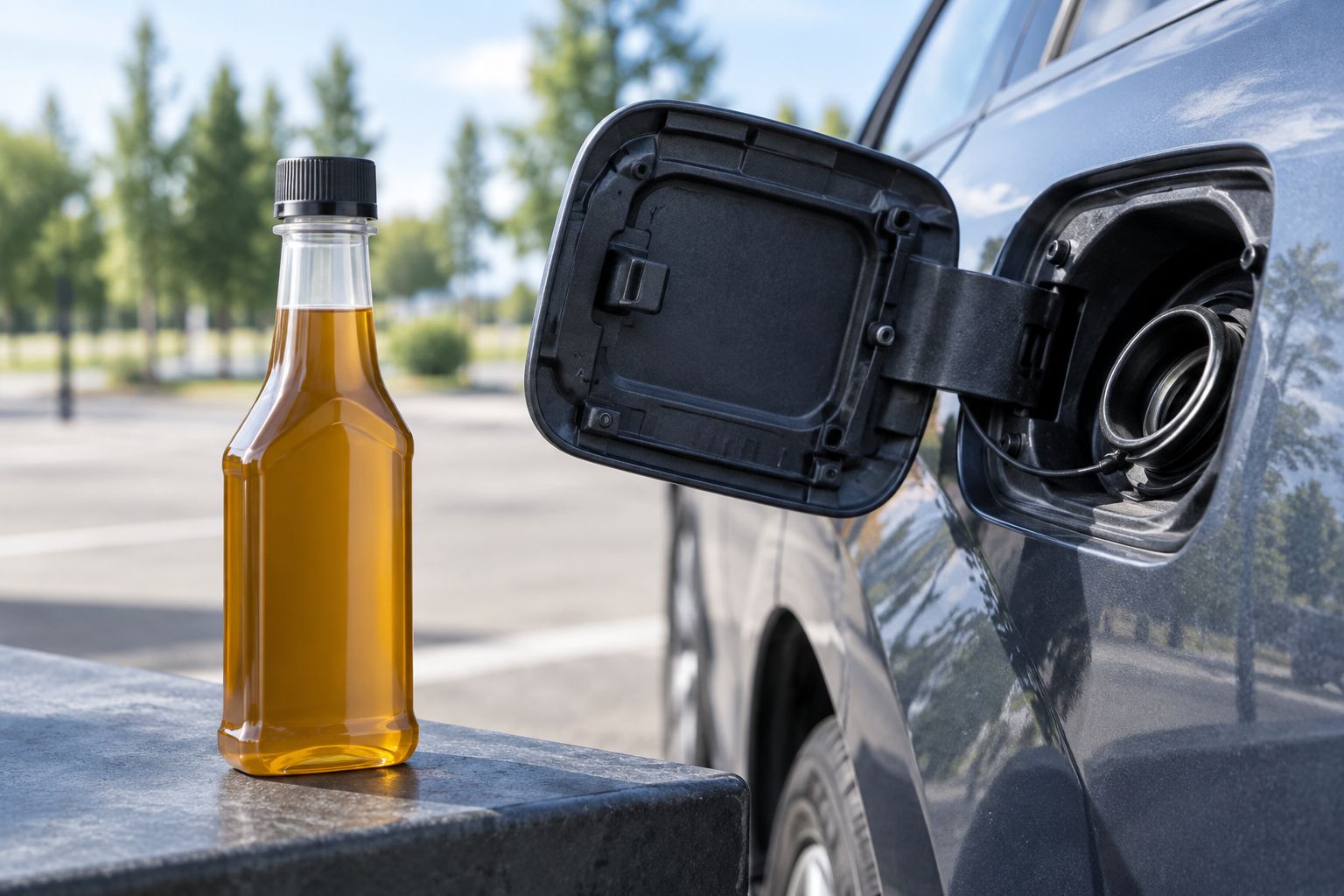 Sealed automotive additive bottle beside a vehicle fuel door