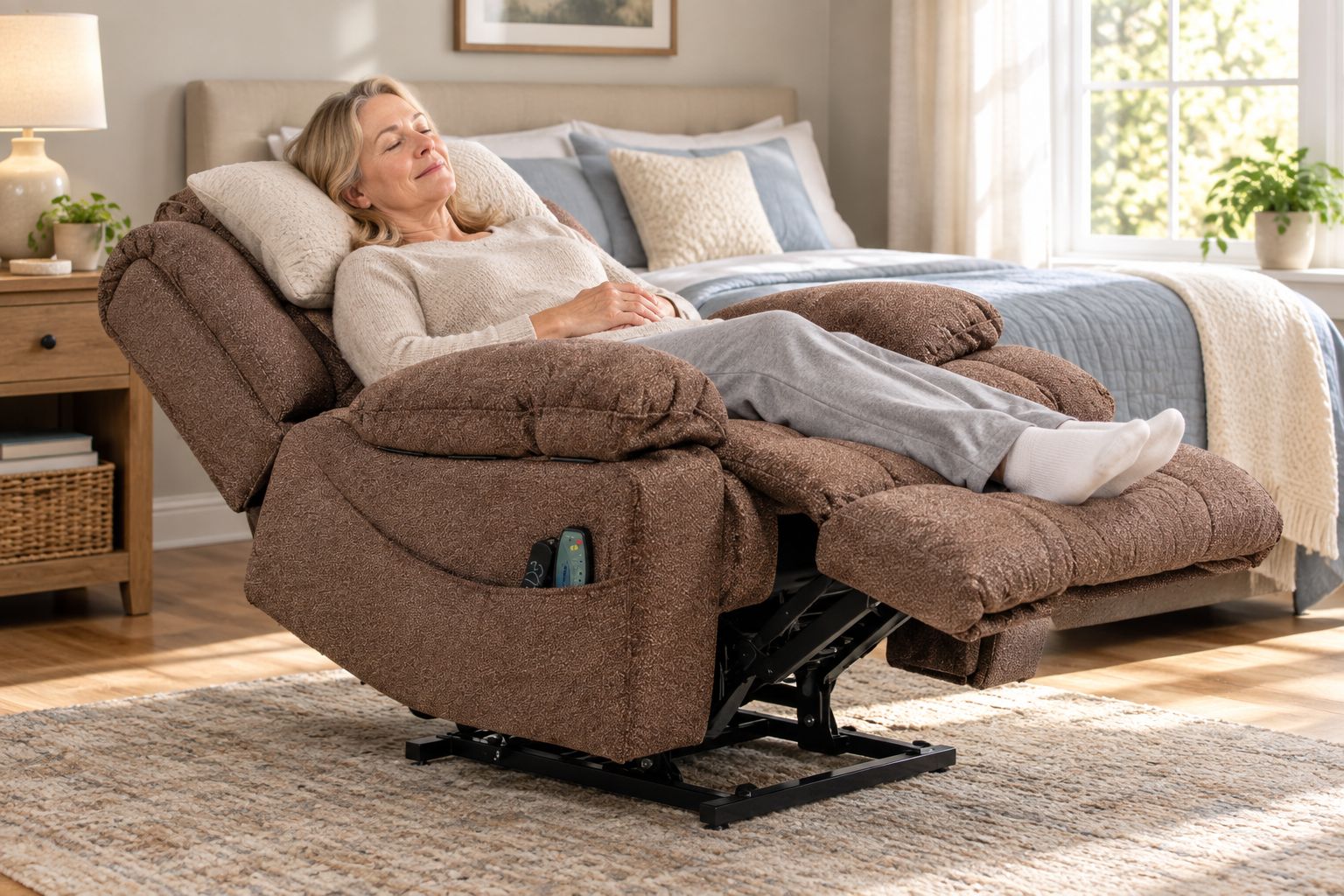 Lay-flat lift chair reclined for upright sleep positioning