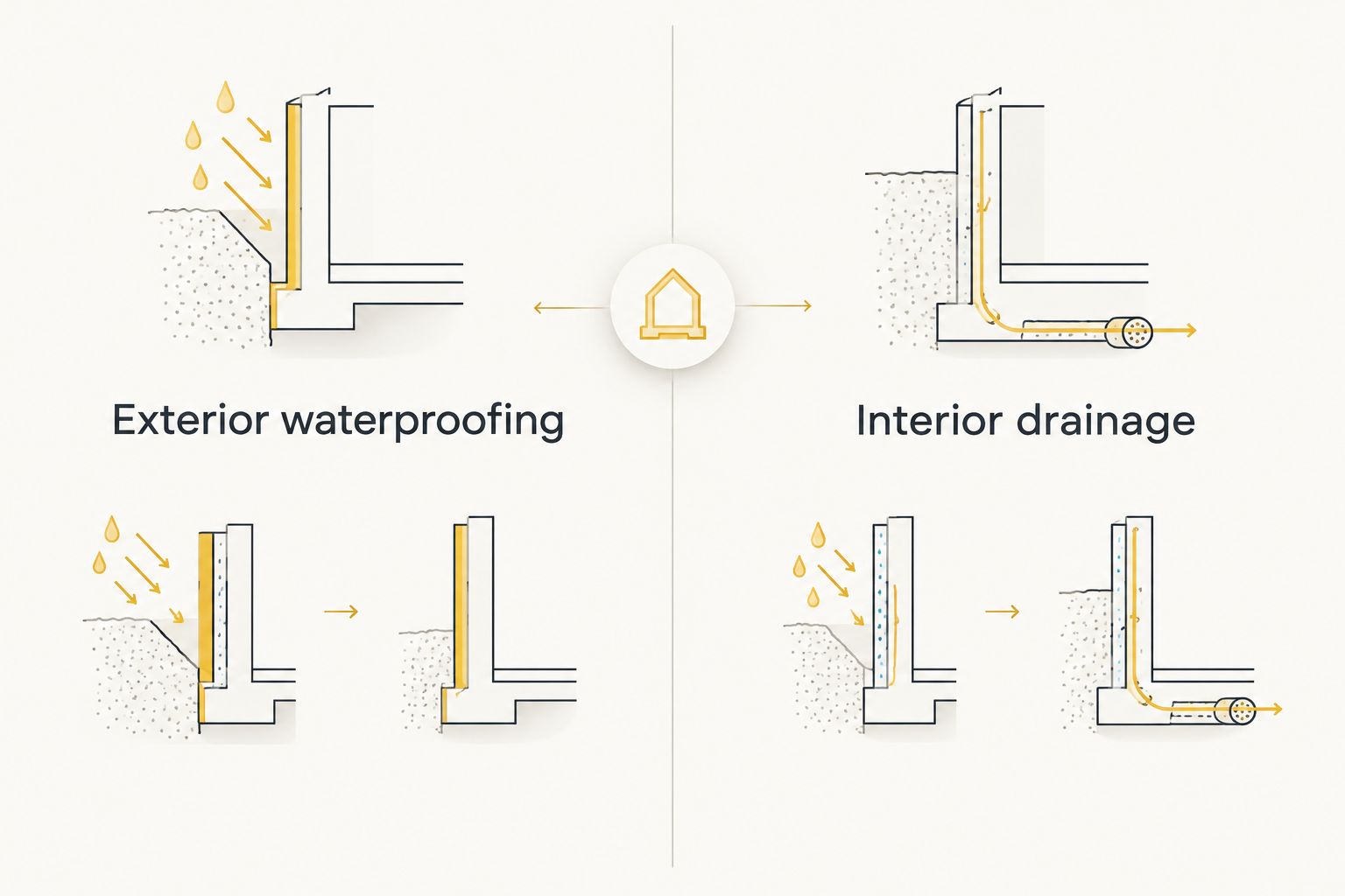 Exterior waterproofing keeps water outside; interior drainage collects water inside.