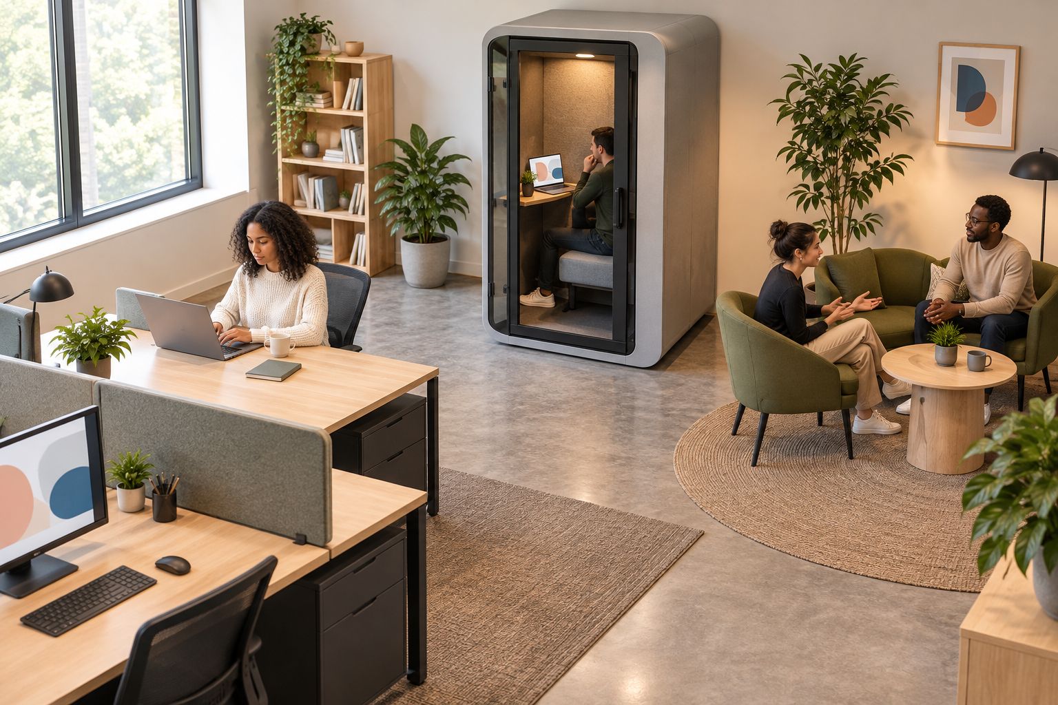 Office layout separating quiet desks, an individual call booth and a small discussion area