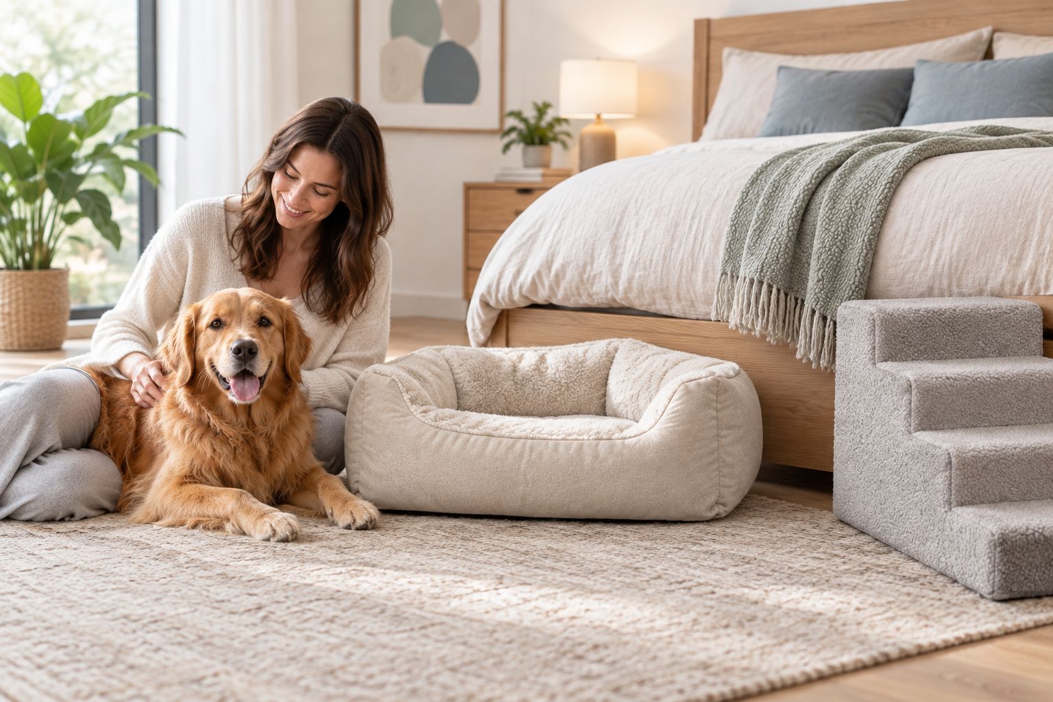 Dog near a bedside pet bed and pet stairs in a bedroom