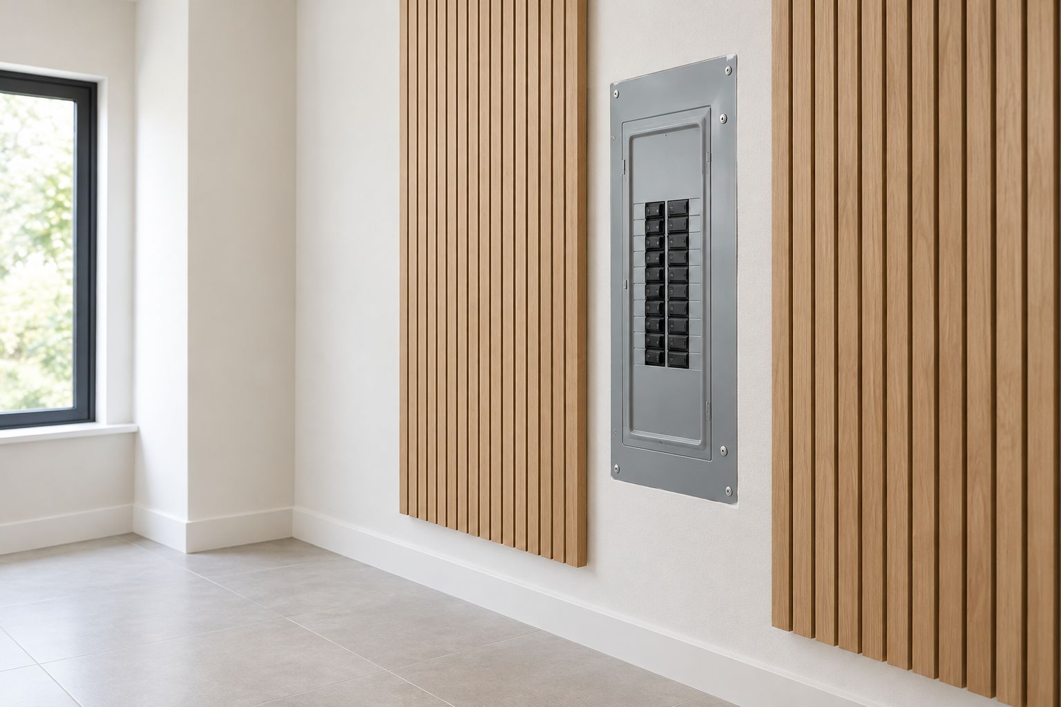 Wood wall panels surrounding an exposed breaker enclosure with clear floor space