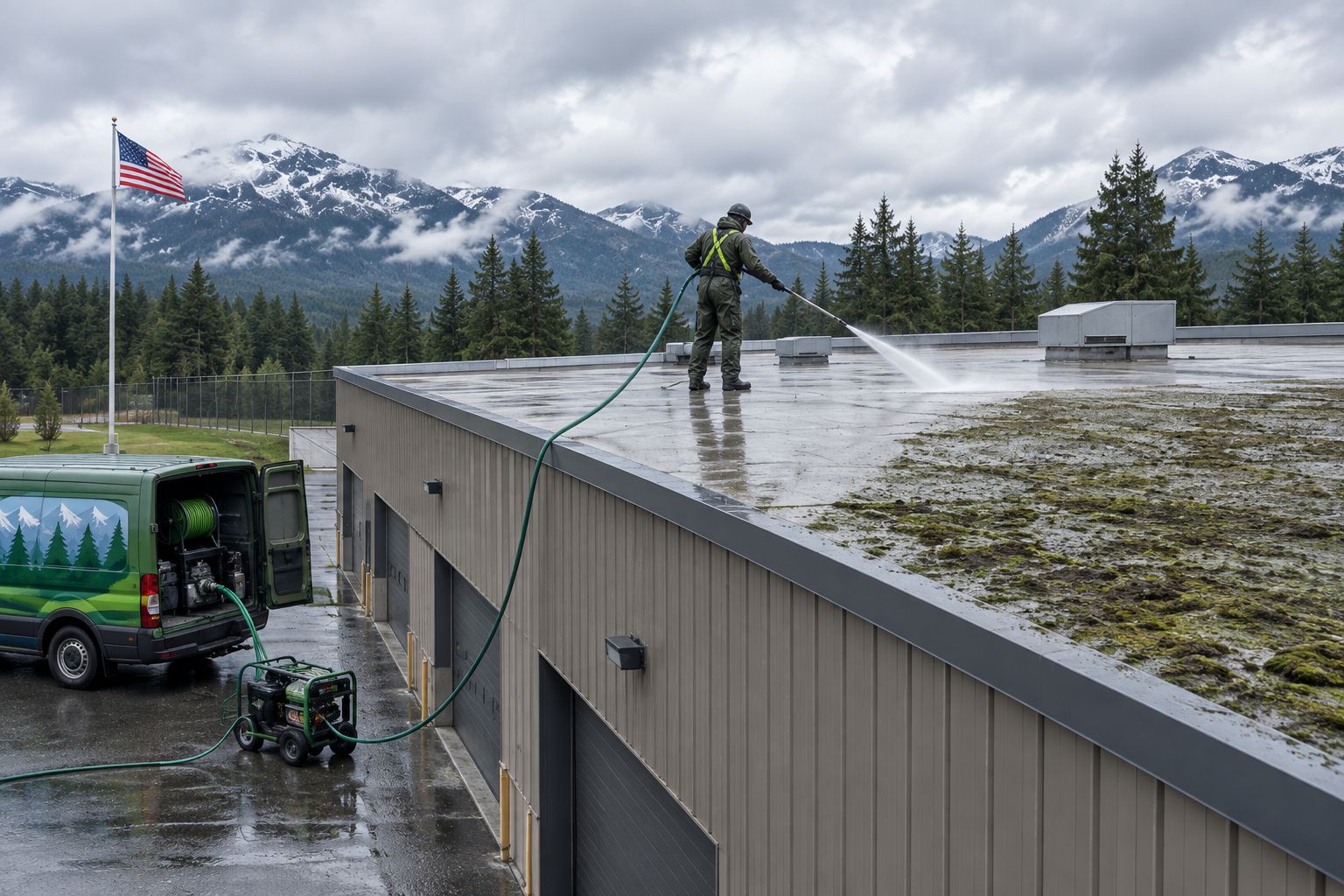 Technician soft-washing moss and algae from a low-slope commercial roof