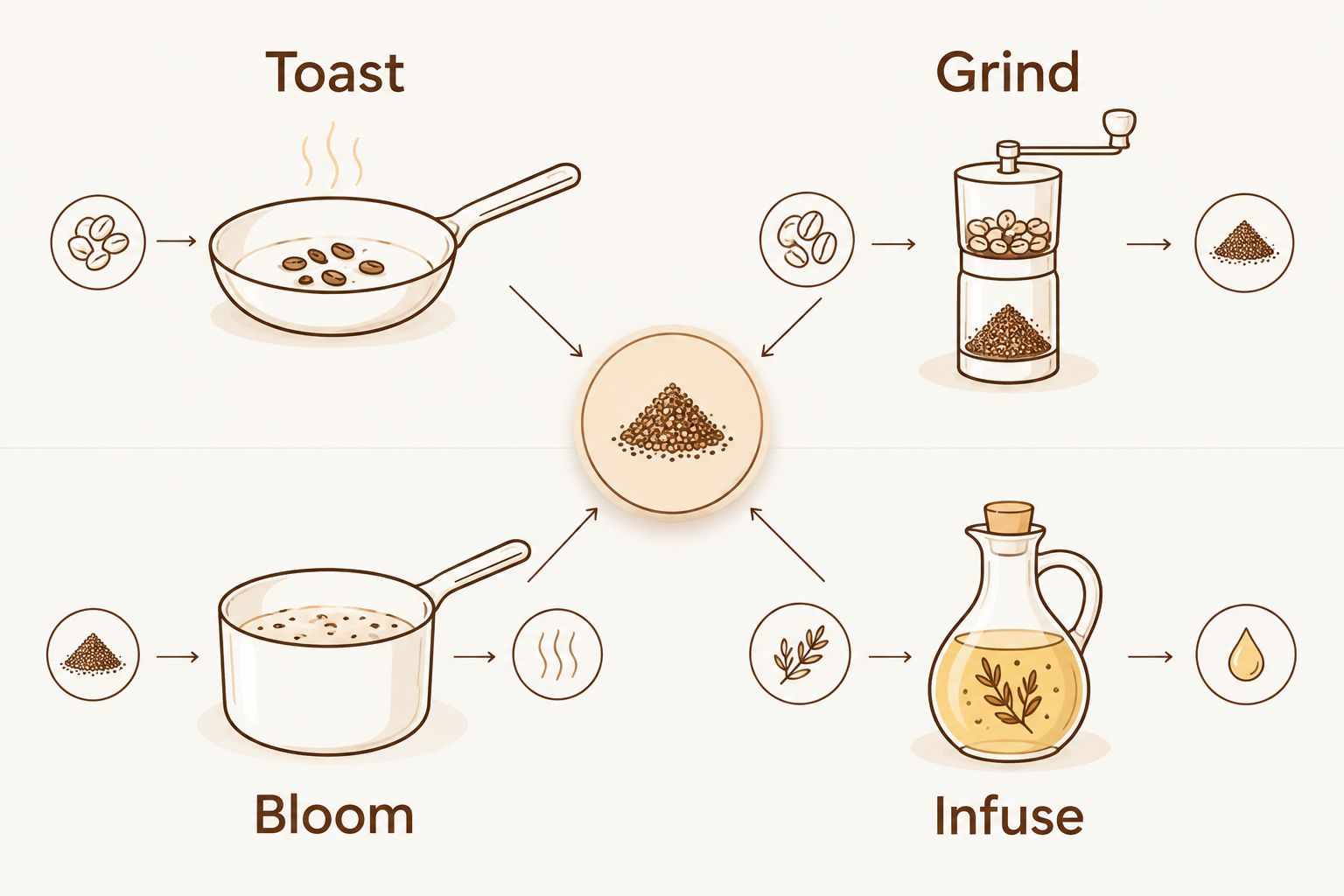 Four methods for preparing whole dried chili: toast, grind, bloom, and infuse