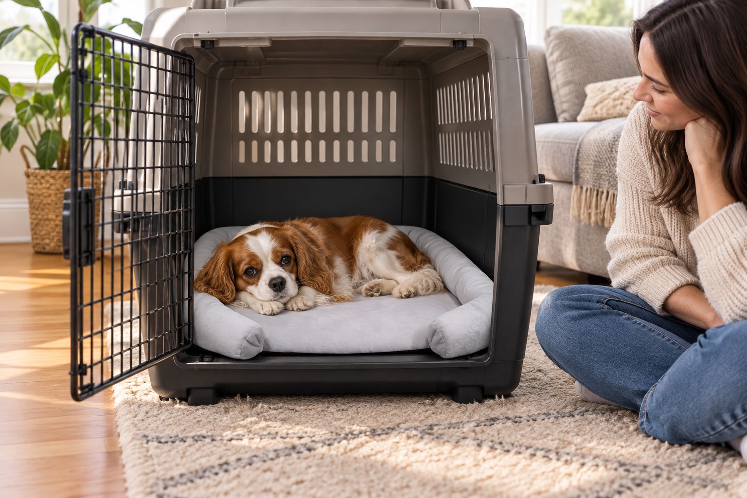 A dog resting on a pad in an open crate while its owner sits nearby