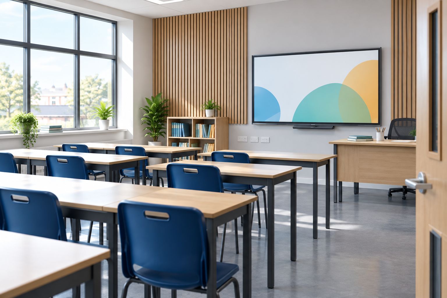 School classroom wall treatment positioned clear of the teaching board, sockets and doorway