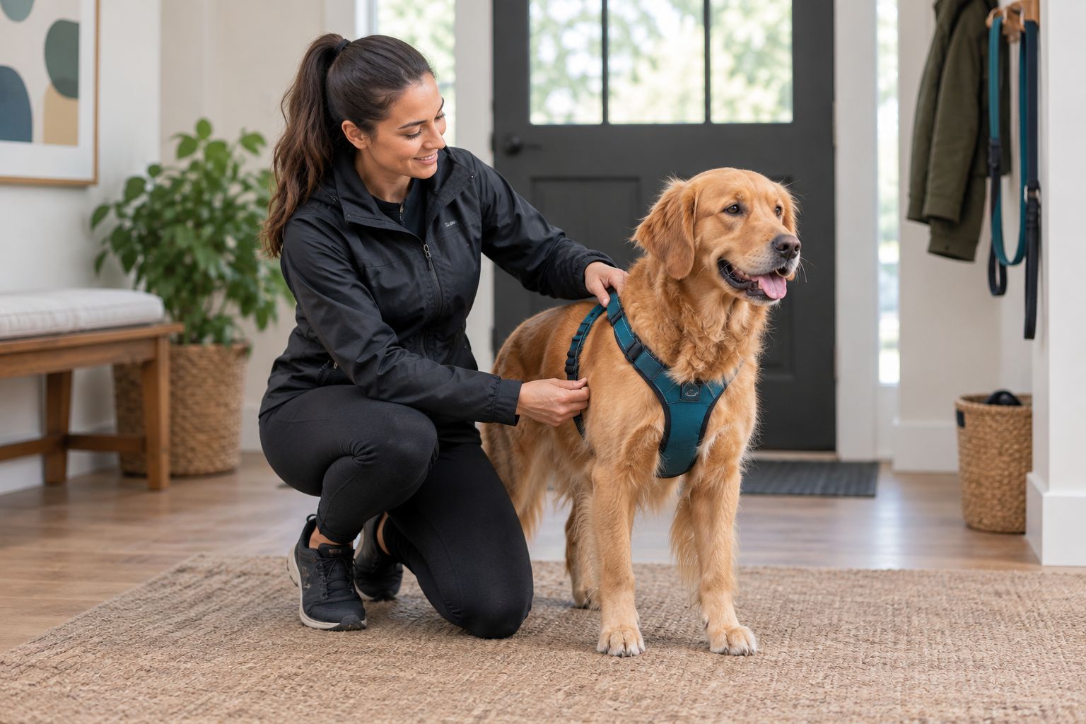 Dog walker checking a harness fit on a standing dog before a walk
