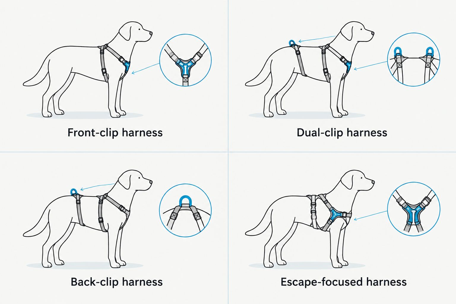 Four harness configurations compared by attachment and retention purpose