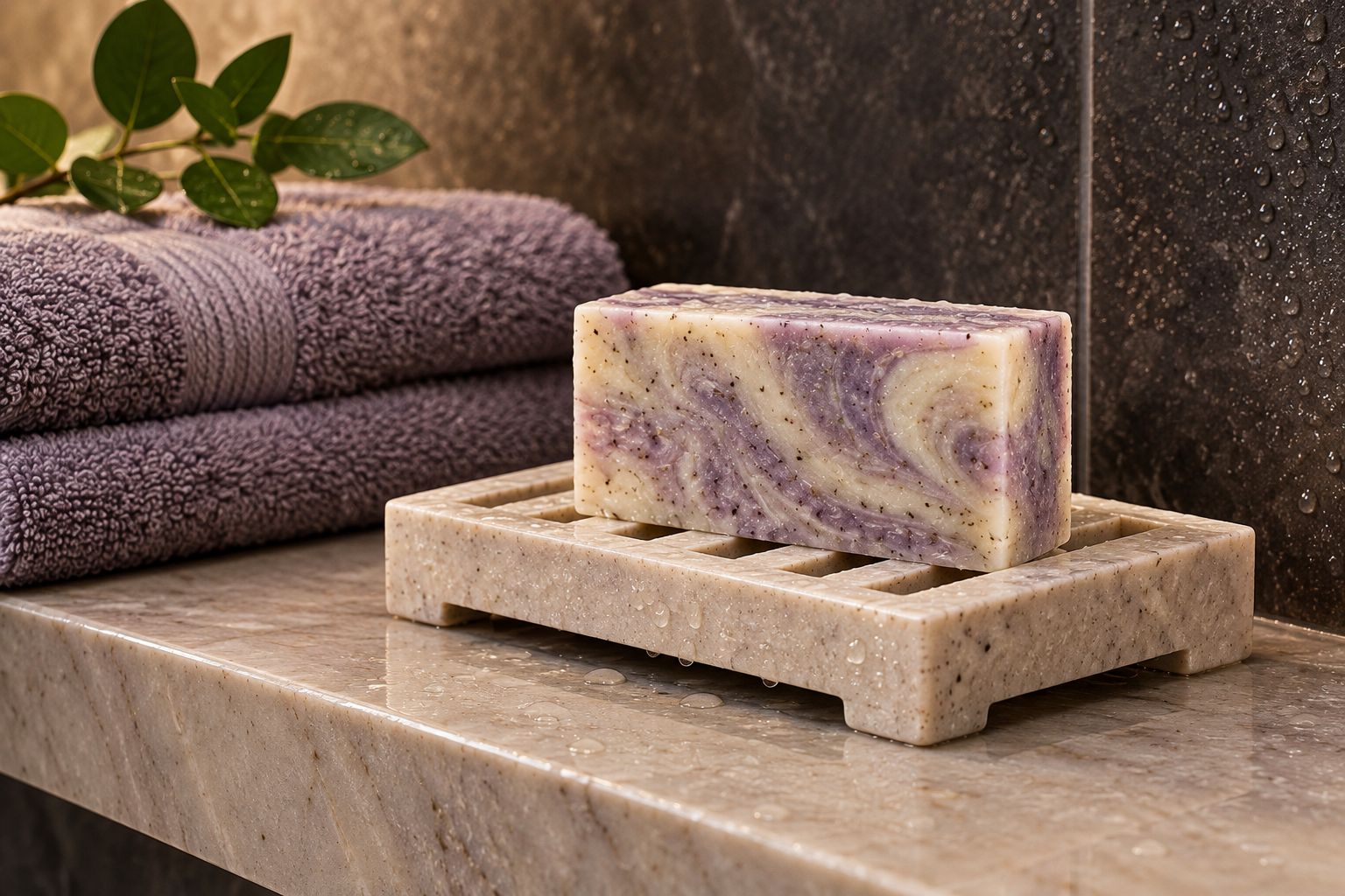 A soap bar on a draining dish, positioned away from the shower spray.
