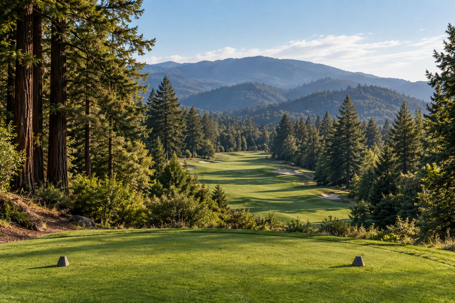 Generic golf fairway among trees in a mountain setting