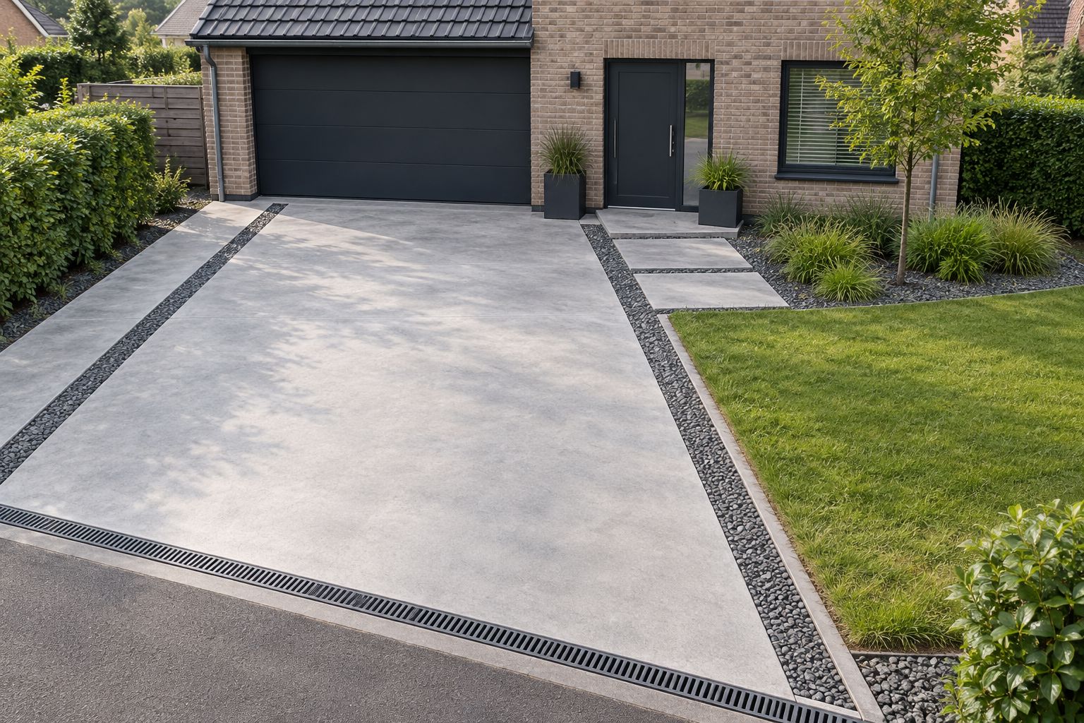 Lijnaccenten betonoprit: rechte lijnen winnen in 2026 1 fercon betonprojecten kempen Betonnen oprit met een discreet randaccent en aansluitingen op tuinpad en afvoergoot