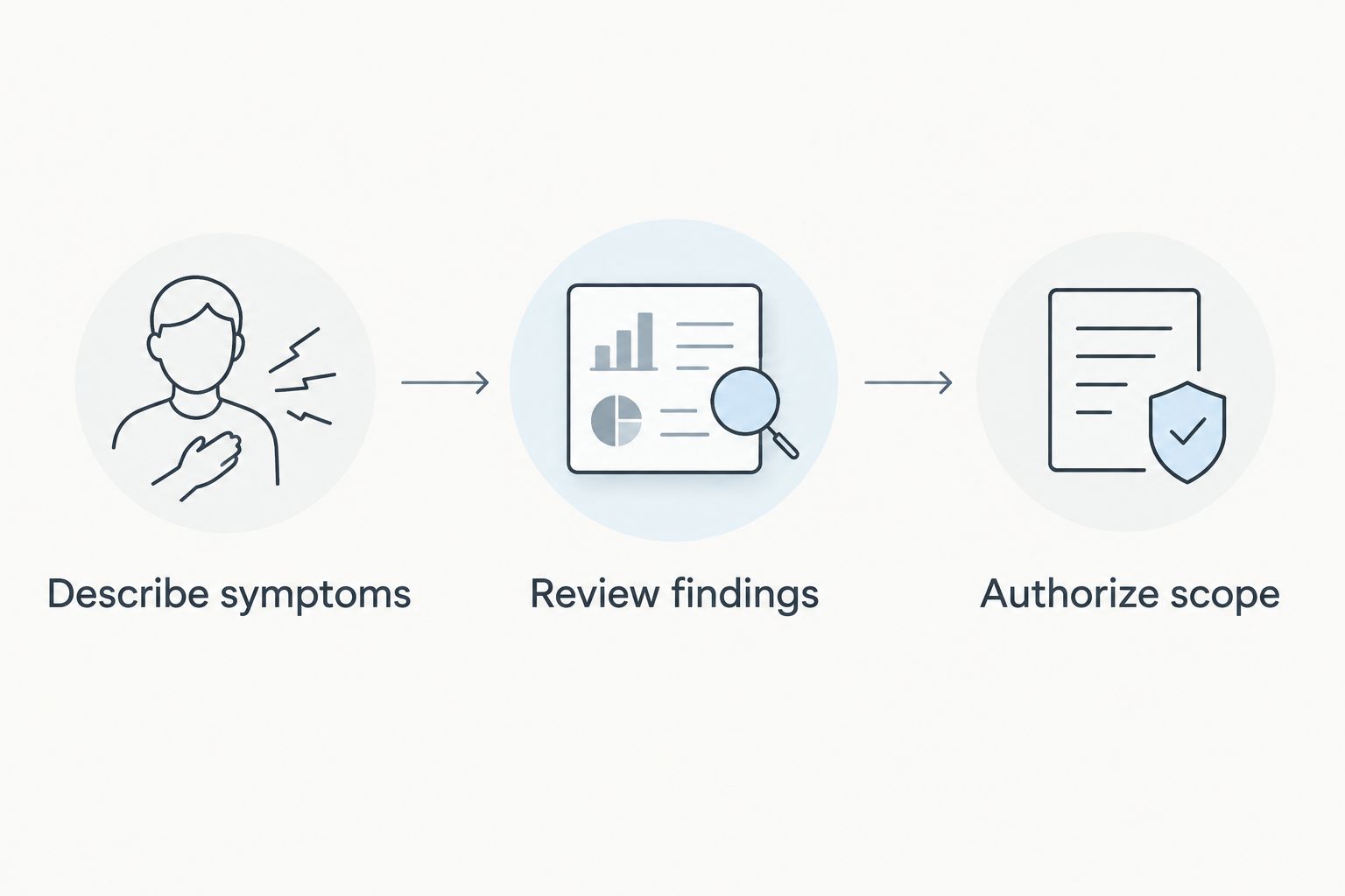 Repair authorization process: describe symptoms, review findings, then authorize the scope.