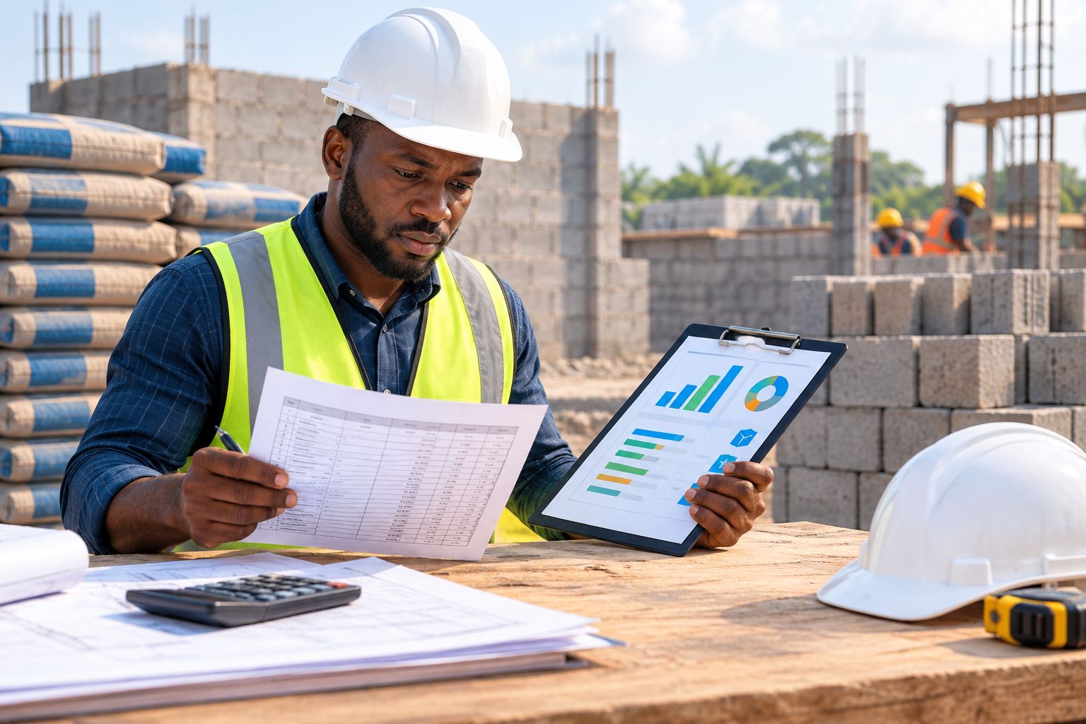 Quantity surveyor reviewing a printed Bill of Quantities on site