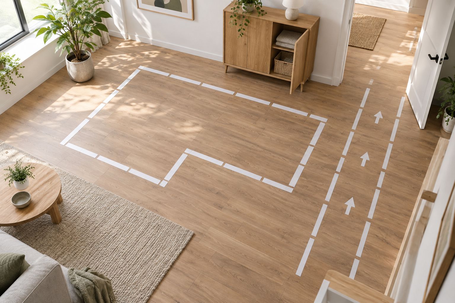 A sofa footprint marked on the floor beside an open doorway and storage cabinet