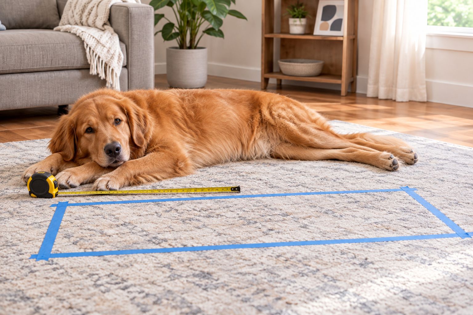 A stretched-out dog beside a tape measure and a marked bed footprint
