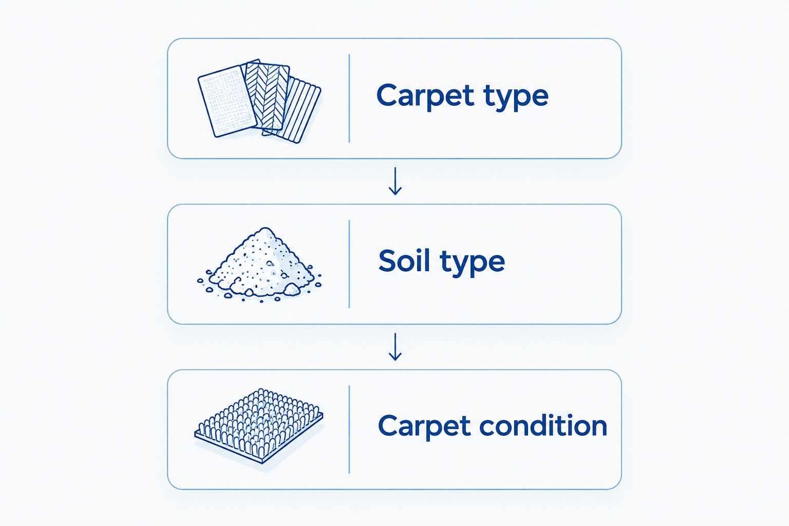 Three assessment checks: carpet type, soil type, and carpet condition