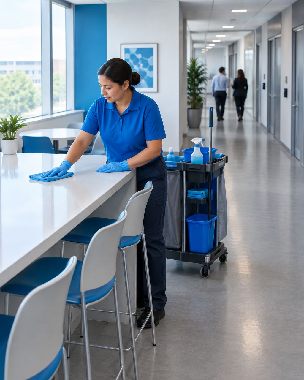 Illustration of daytime cleaning of an approved common-area counter in a life sciences administrative building.