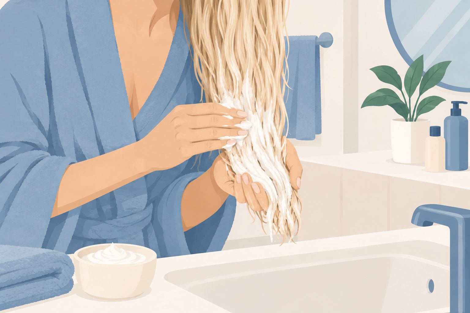 Hände tragen eine Haarkur auf feuchte, geschädigte Haarspitzen auf