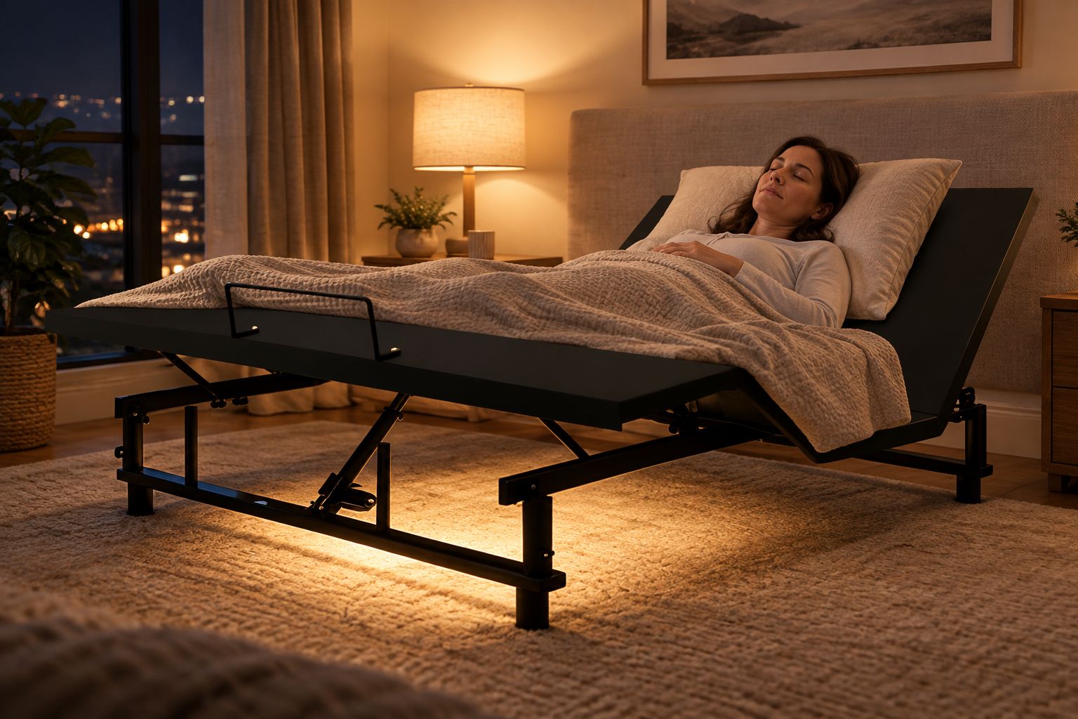 Zero gravity adjustable bed base reclined for overnight sleep