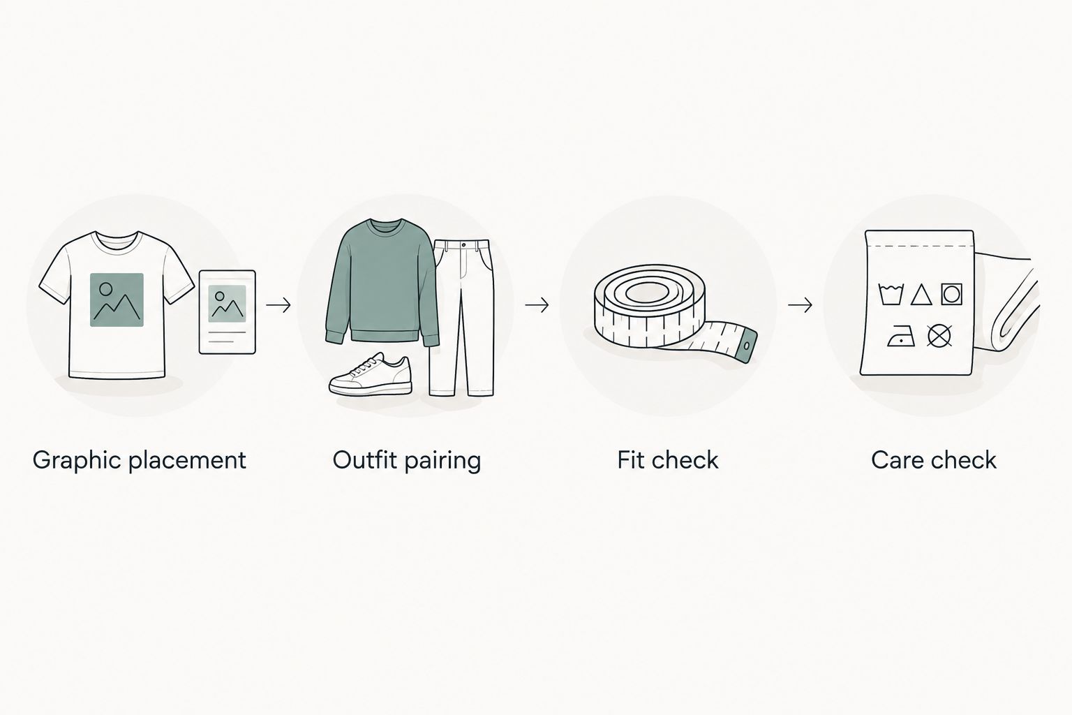 Four checks for choosing a graphic sweatshirt: placement, outfit pairing, fit, and care
