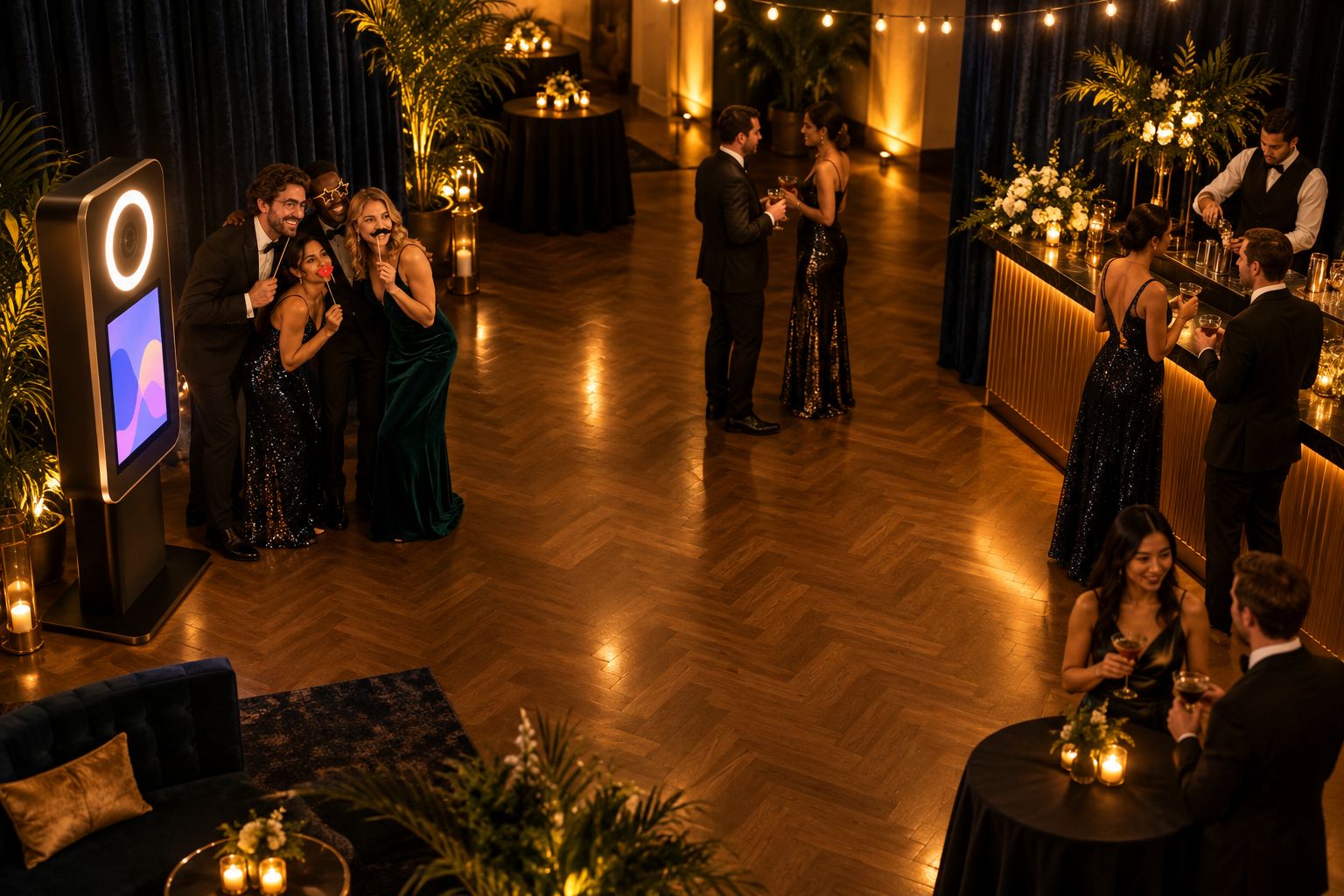 Private-party layout with a mirror photo booth and cocktail station in separate areas