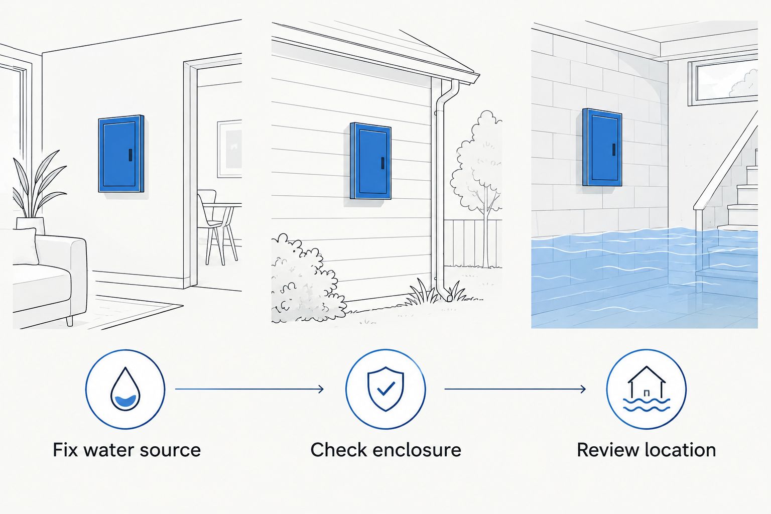 Indoor, outdoor, and flood-prone panel locations with their different next steps