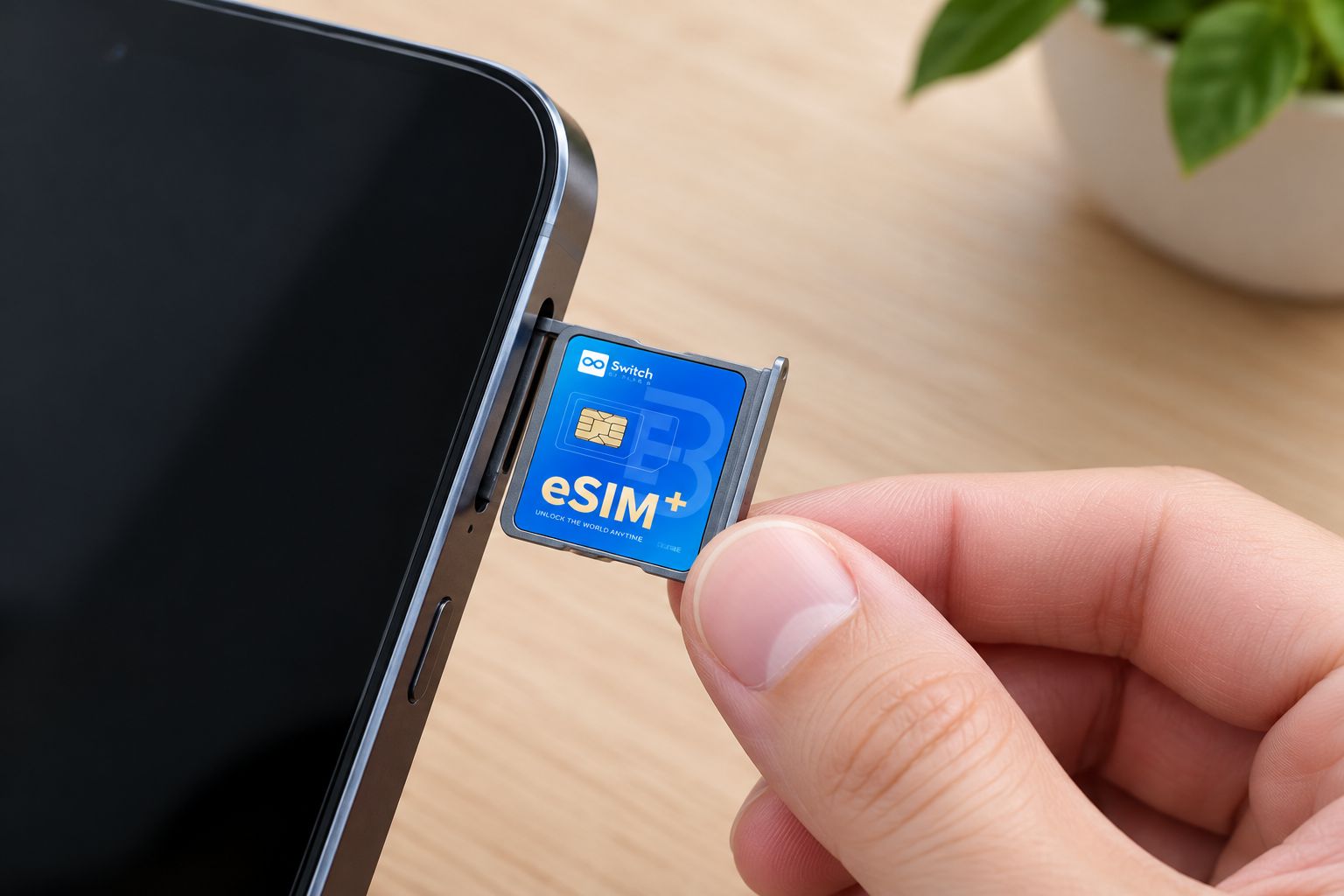 Physical eSIM adapter card being inserted into a phone SIM tray