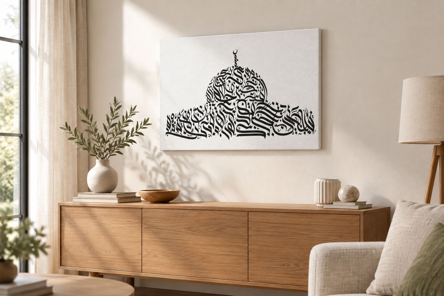 Black-and-white calligraphy canvas displayed above a living-room sideboard