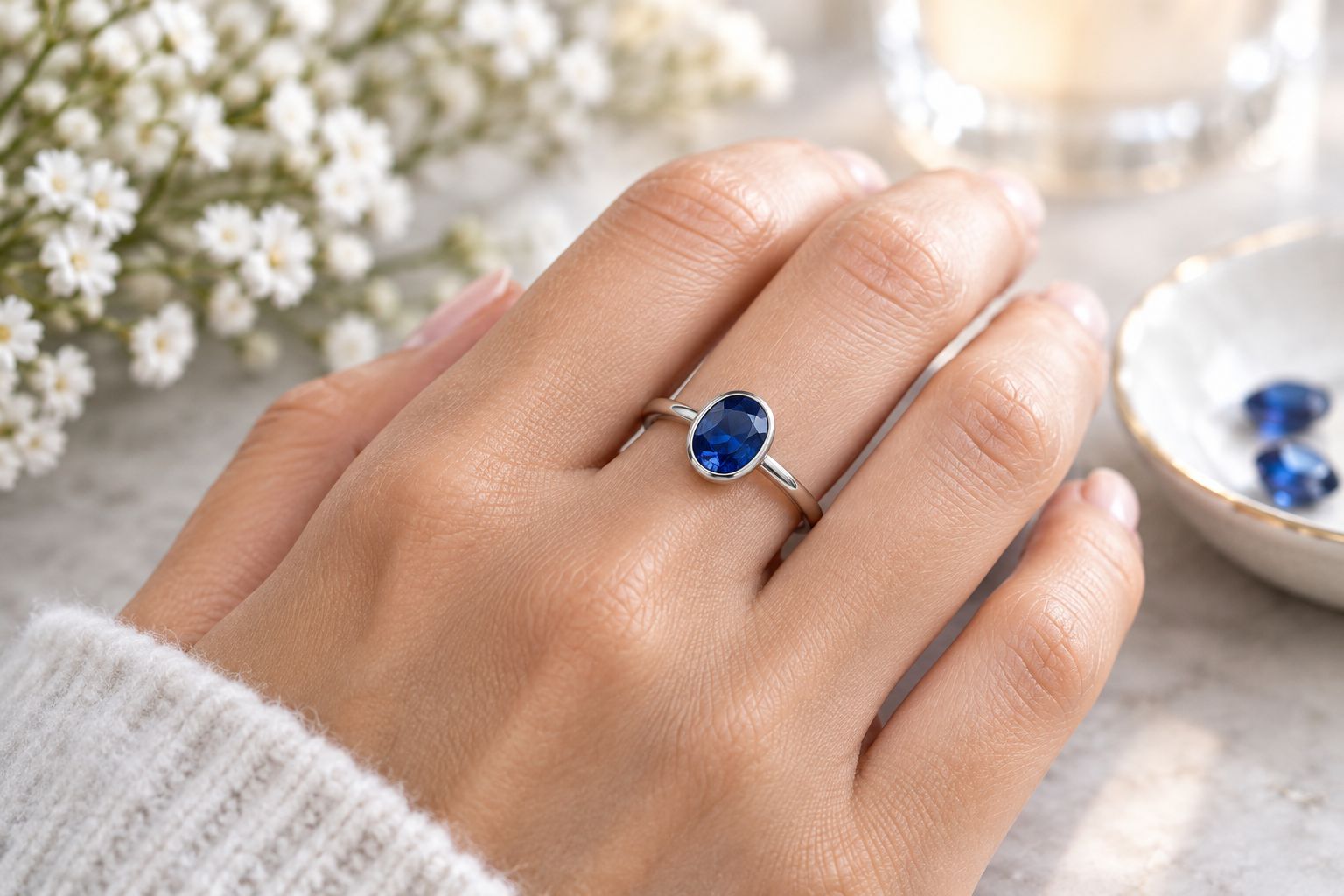 Oval blue gemstone ring in a protective low bezel setting