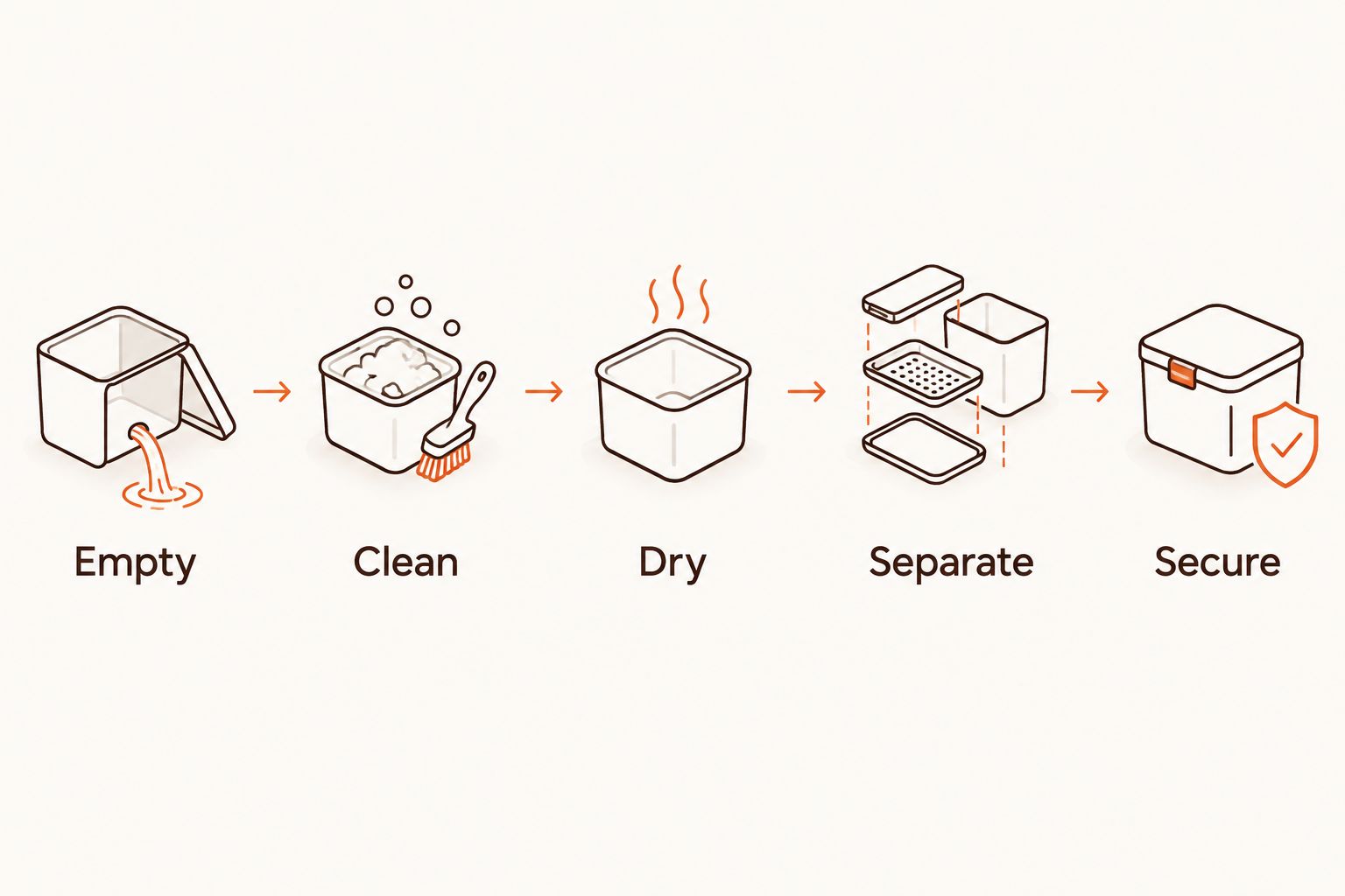 Five packing steps: empty, clean, dry, separate, and secure