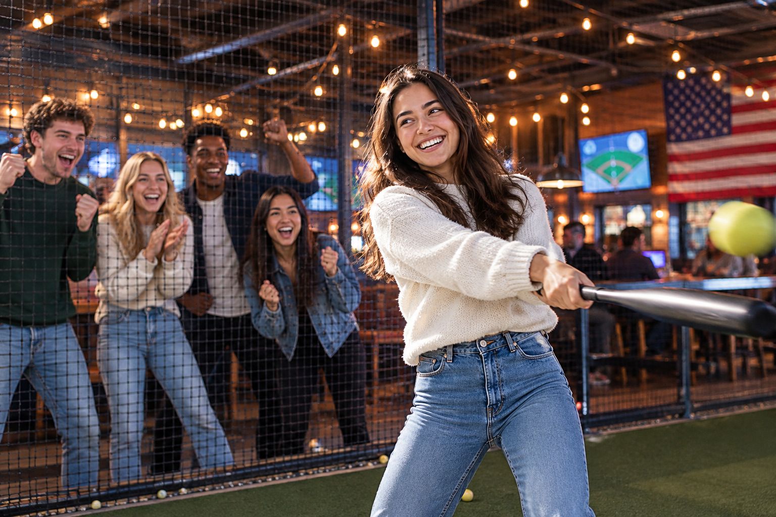 Group celebrating at an indoor batting cage activity bar