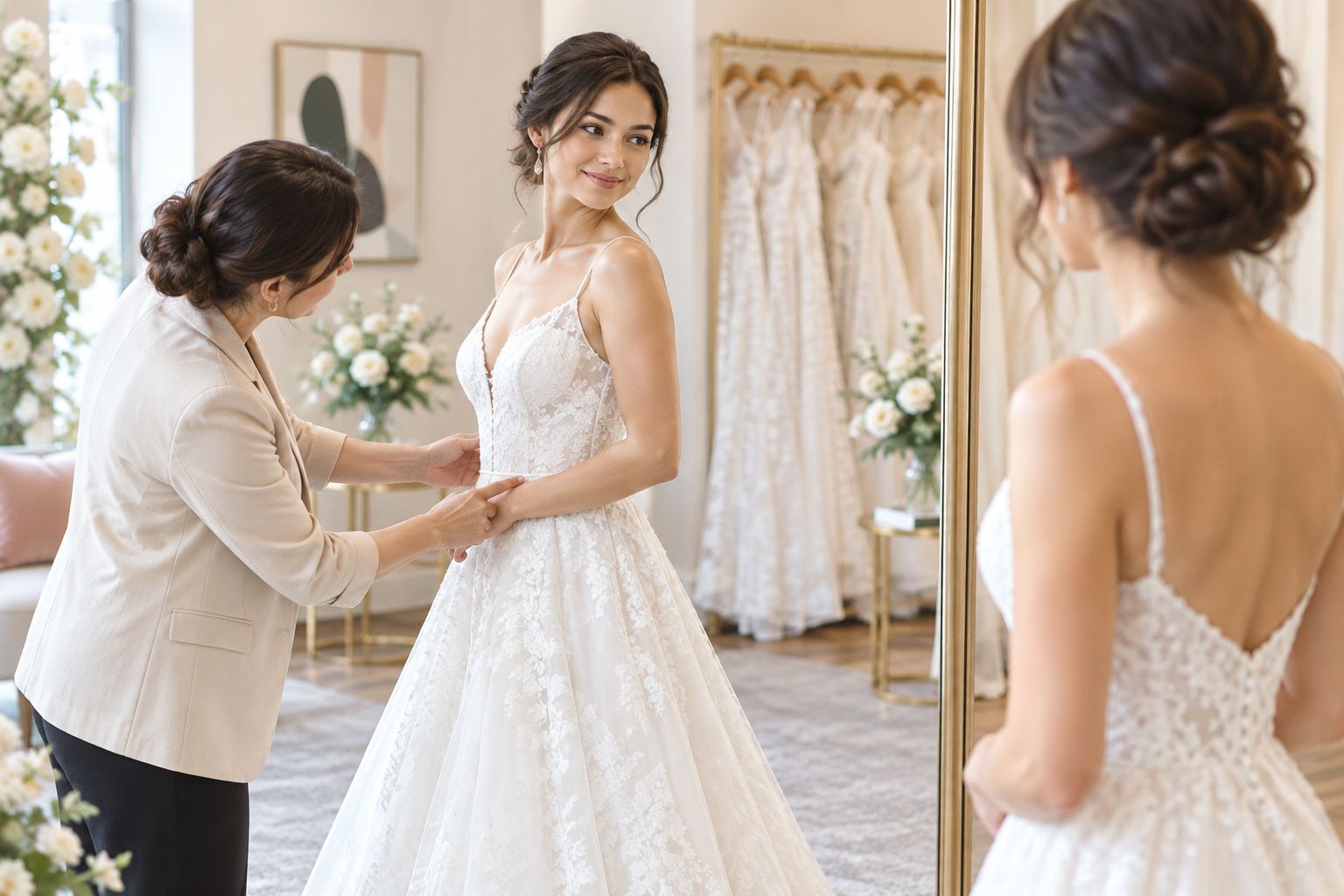 Bridal fitting showing the relationship between bodice length, bust shaping, and the waist seam